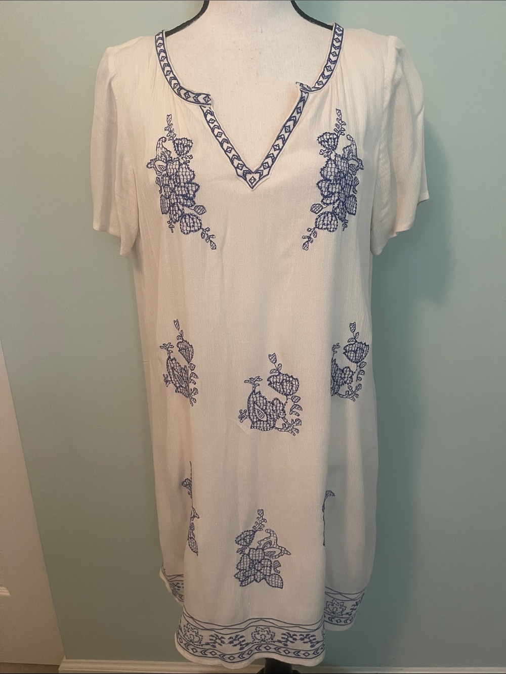 entro Cream Dress with Blue Embroidery - Picture 1 of 7